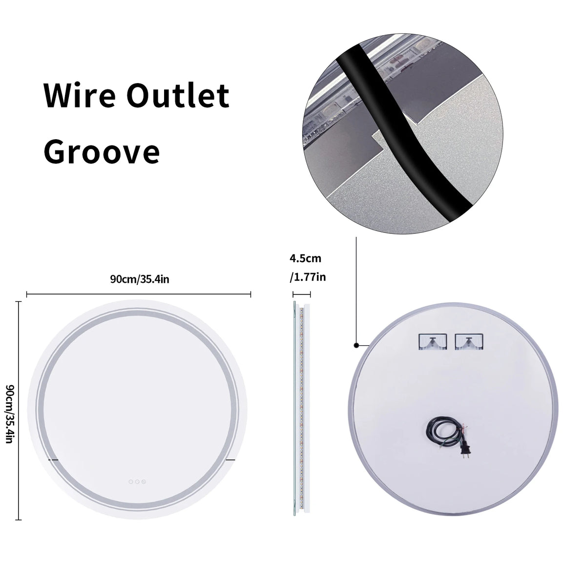 900mm LED Round Dimmable 3 Colors Smart Touch Anti-Fog Mirror with Memory Function Backlit Front Large Wall Mounted LED Mirrors