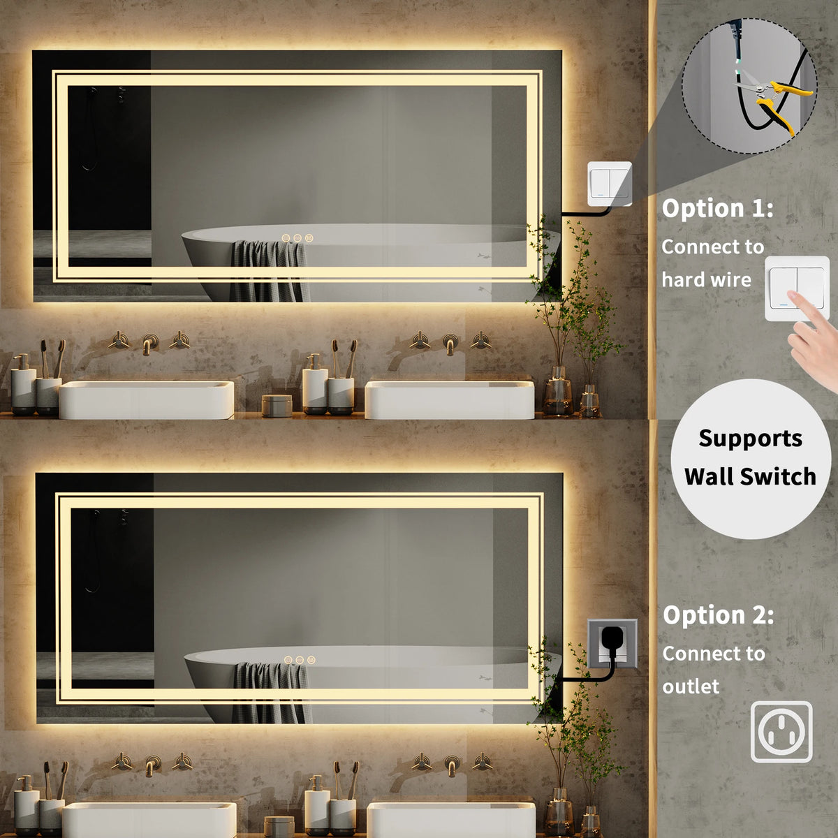 48"X24" LED Bathroom Mirror with Lights, Anti-Fog, Dimmable, Backlit + Front Lit, Lighted Bathroom Vanity Mirror Memory