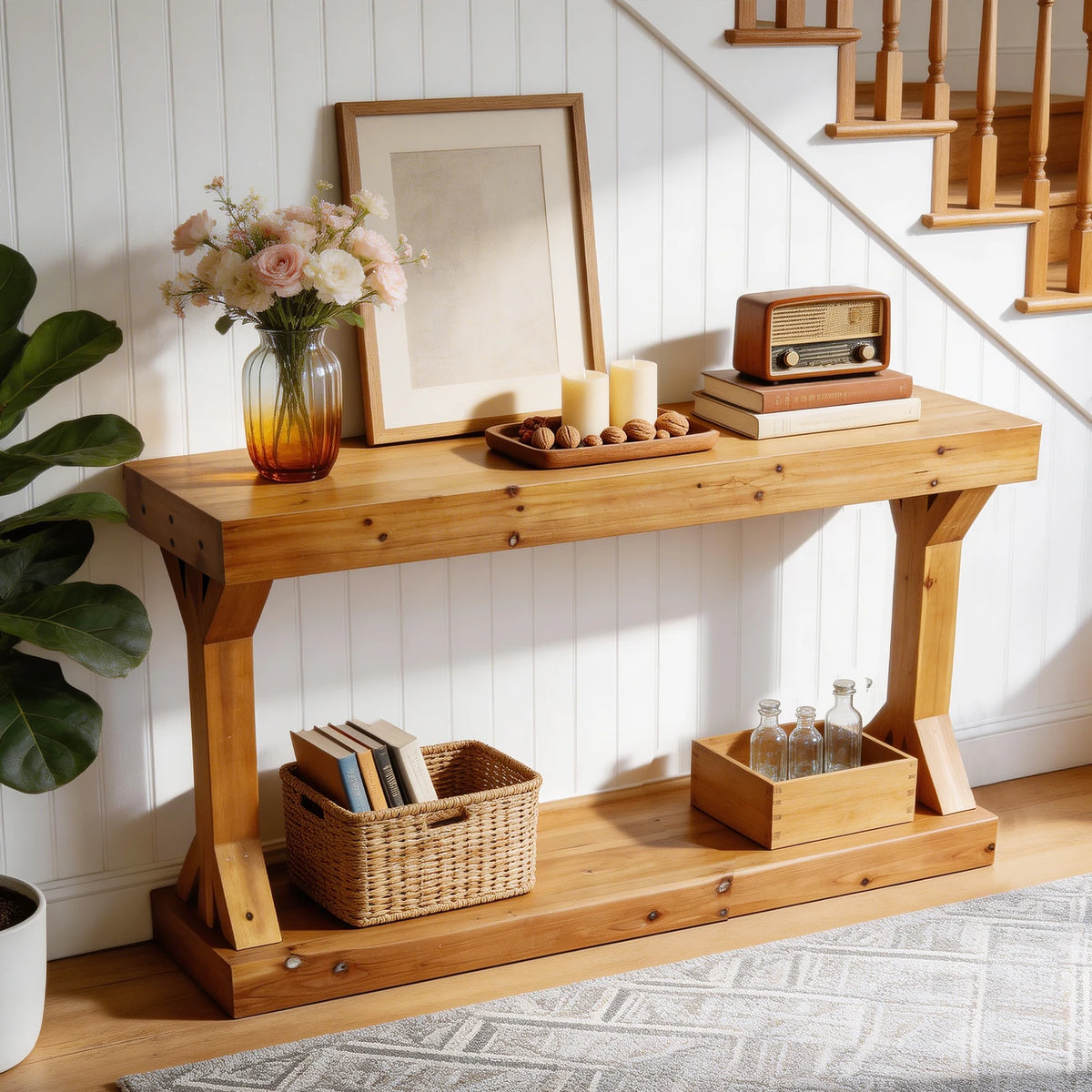 Wooden Console Table: 120cm Farmhouse Entryway Table with Shelf, Solid Fur Wood Rustic Sofa Storage Table Behind Couch for Living Rooms, Foyers, Hallways