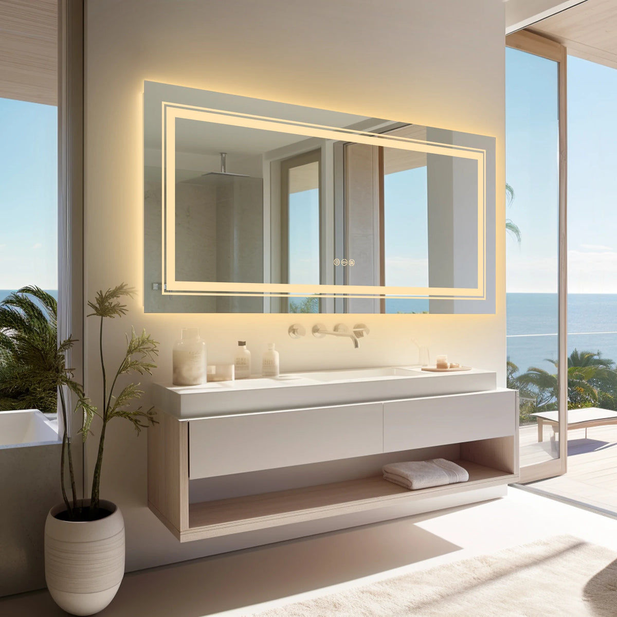 Extra Large Rectangle Bathroom Mirror LED Vanity Dimmable Backlit Anti-Fog Memory with Front and Backlight Shatter-Proof