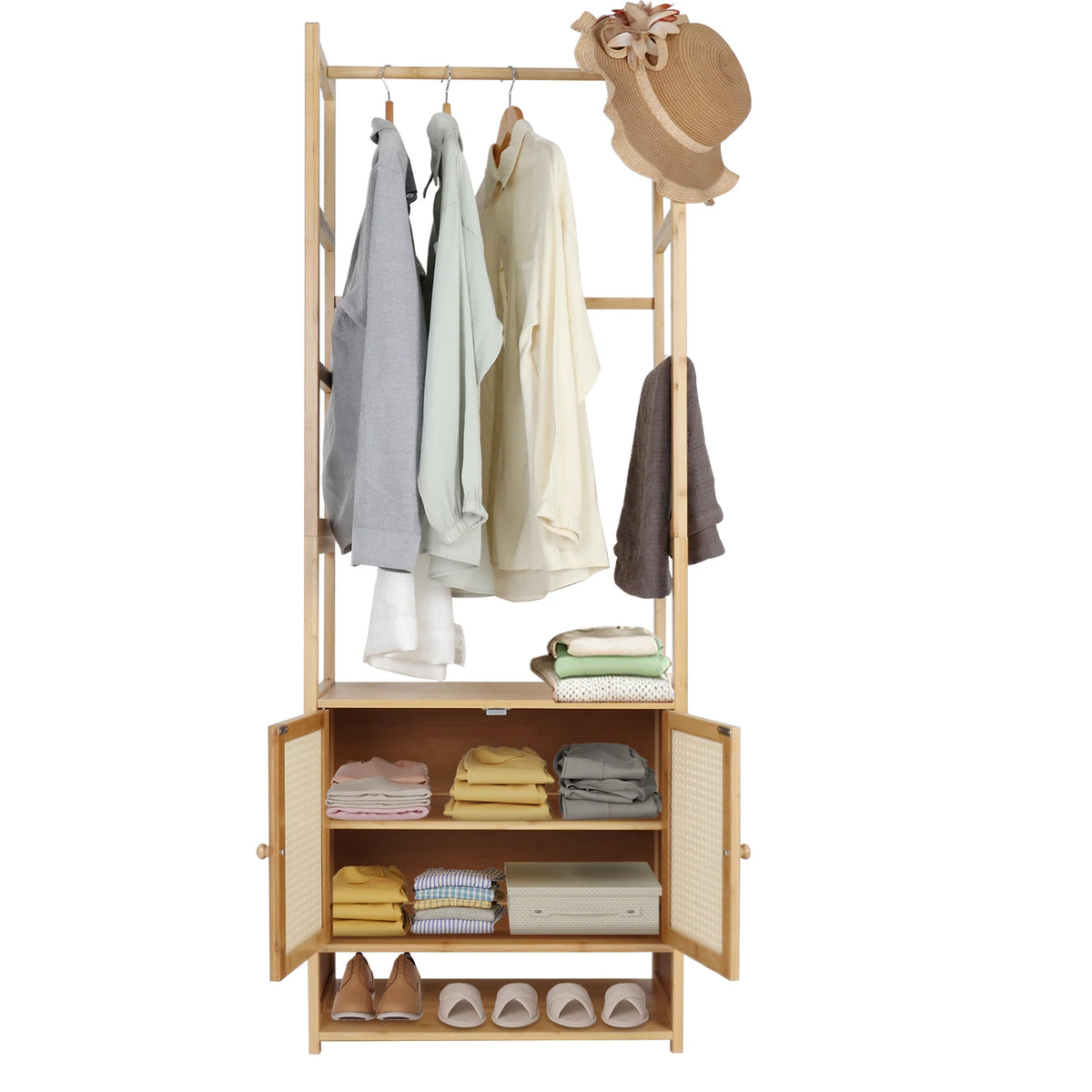 Clothes Stand with Cabinet Free-standing Bamboo Open Garment Rack with Storage Shelves Hanging Clothes Rack for Living Room