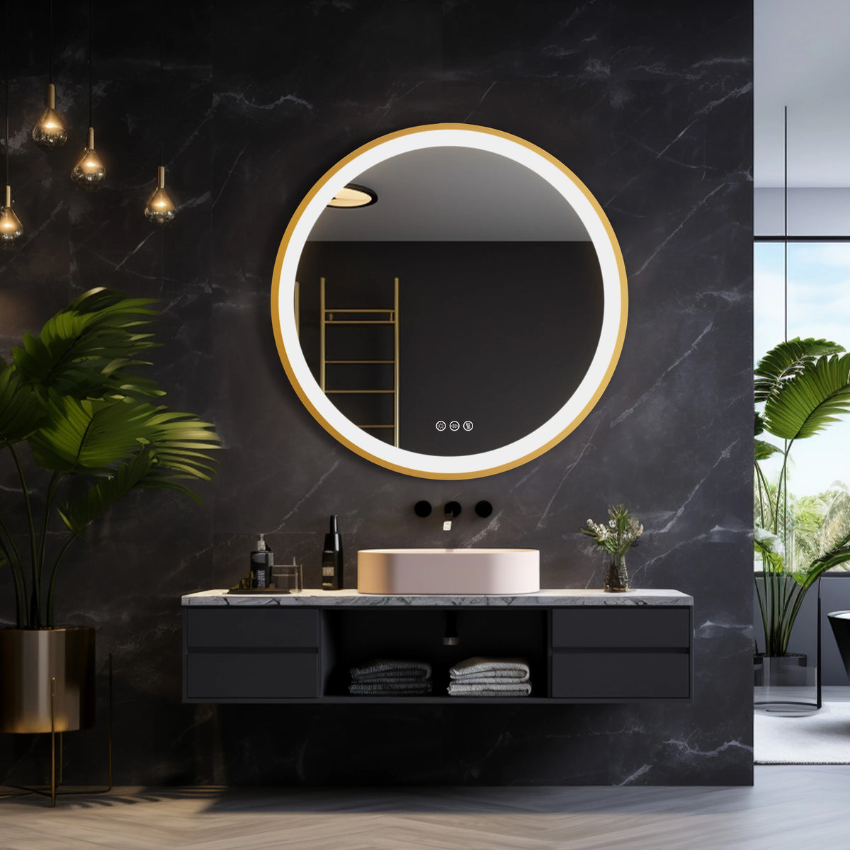 Gold Round Aluminum Frame Bathroom Mirror 24" Lighted Smart Touch Switch 3 Color Dimmable light Anti-Fog Makeup Mirror