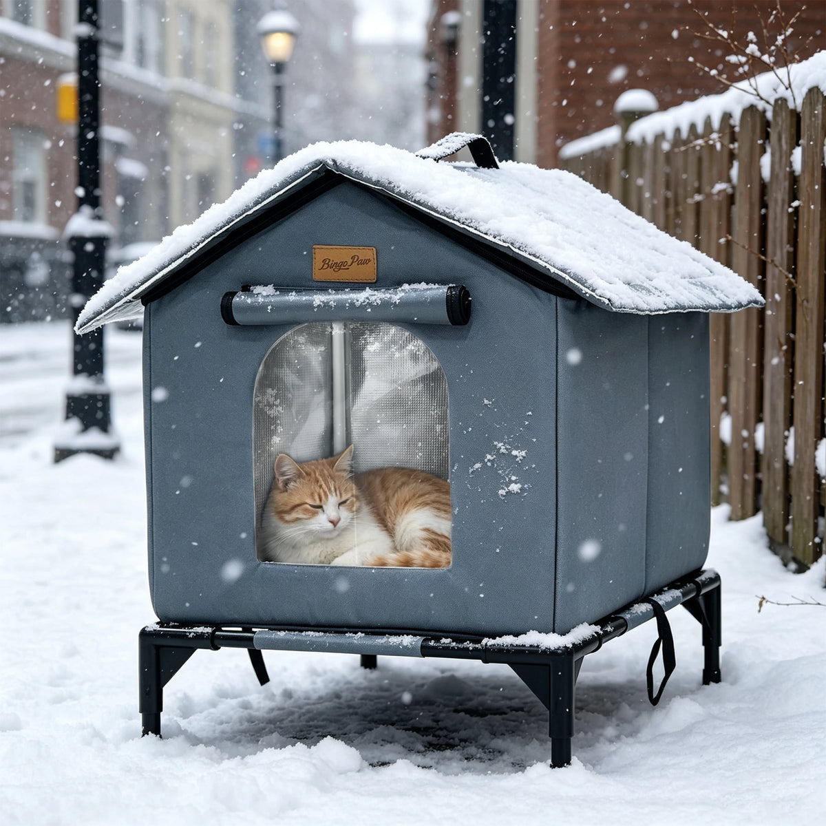 Elevated Outdoor Cat House Weatherproof, Insulated Feral Cat Shelter for Outside Winter with 3-Layer Aluminum Foil Thermal Liner, 600D Waterproof Oxford Pet Tent Bed with Legs & Ground Stakes for Stray Cats (45x42x55