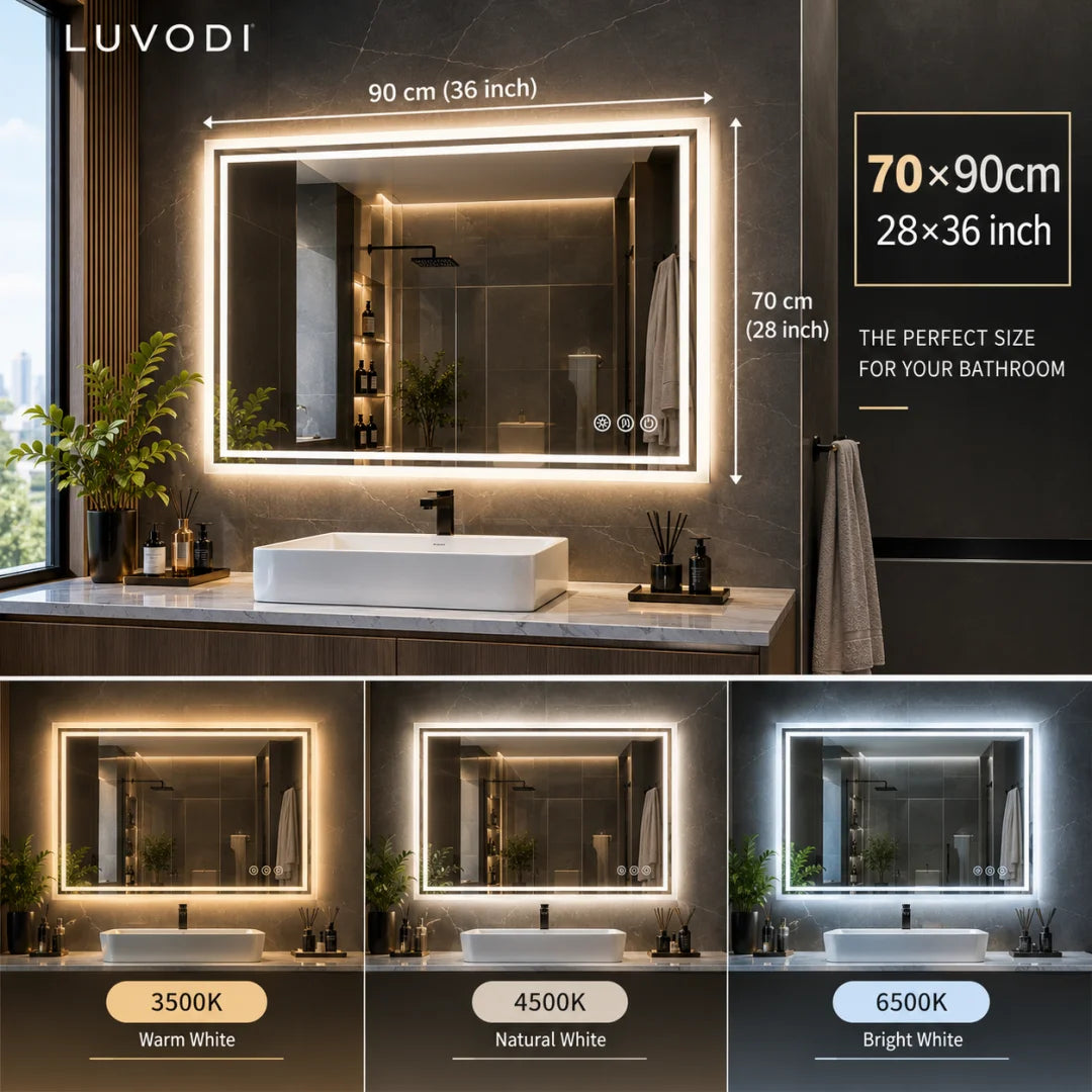 LED Bathroom Mirror, Frameless Backlit Vanity Mirror, Dimmable 3-Color Light, Anti-Fog, Touch Sensor