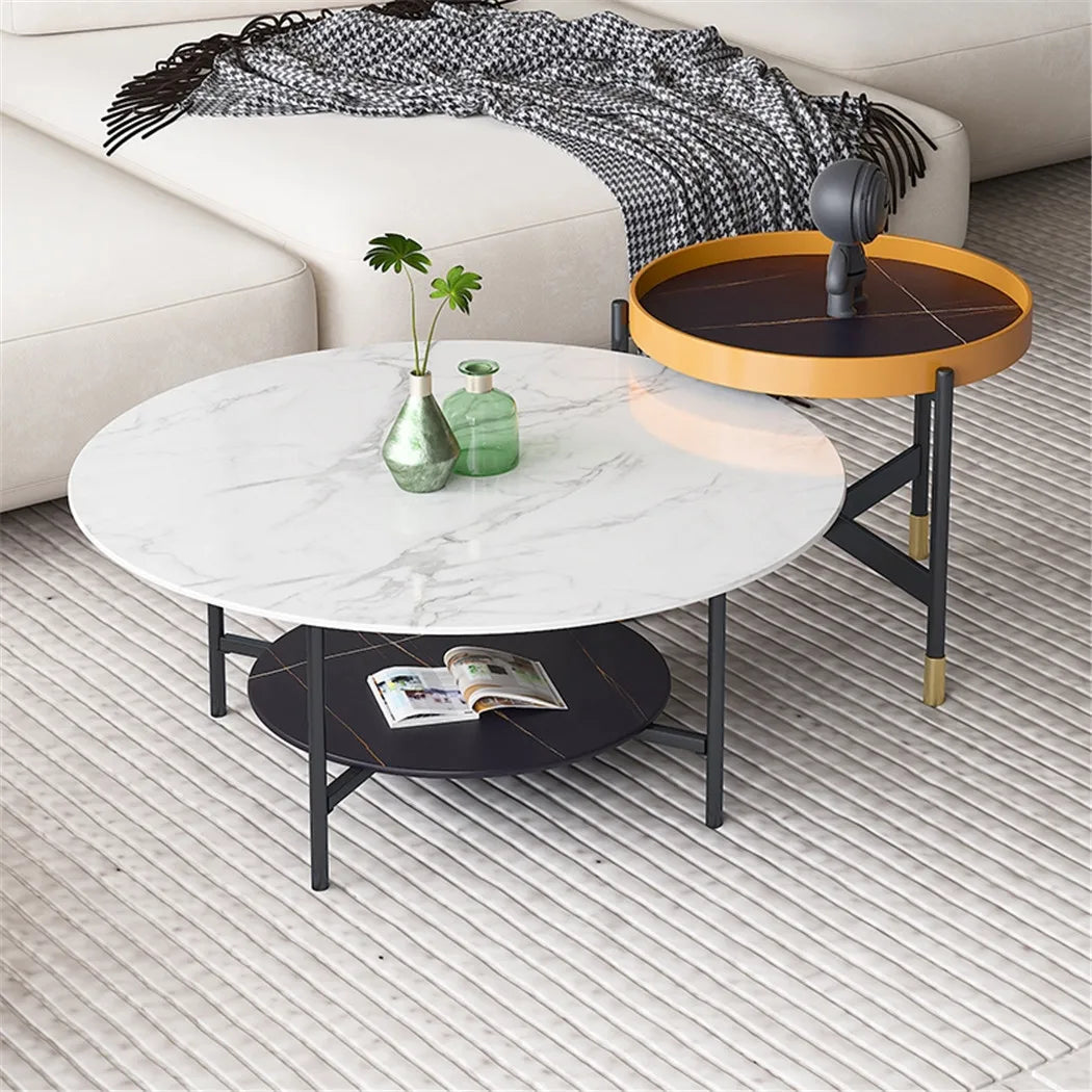 31.5Wx20.1Dx18.7H inch Round Marble Coffee Table, 2 Tier, Sofa Side End Table, Nightstand, Open Storage, Living Room Decor, Center Table, 32"