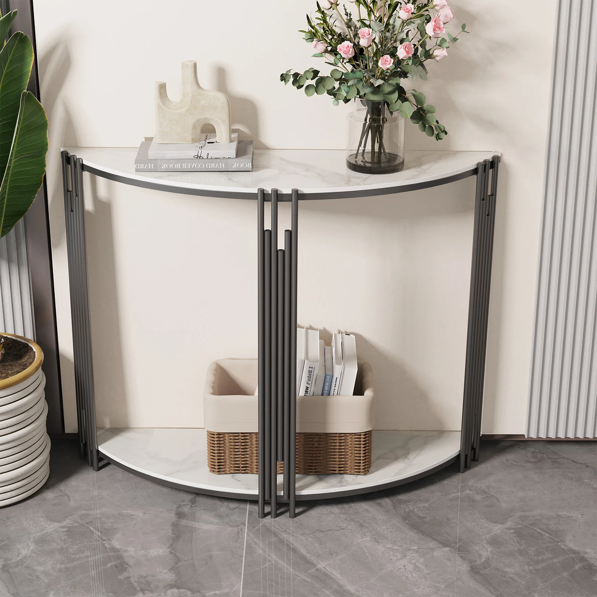 39.4W x 11.8D X 30.7H inch inch Half Moon Tiered Real Marble Entry Console Table Hallway Entryway Furniture for Entrance, Home Living Room