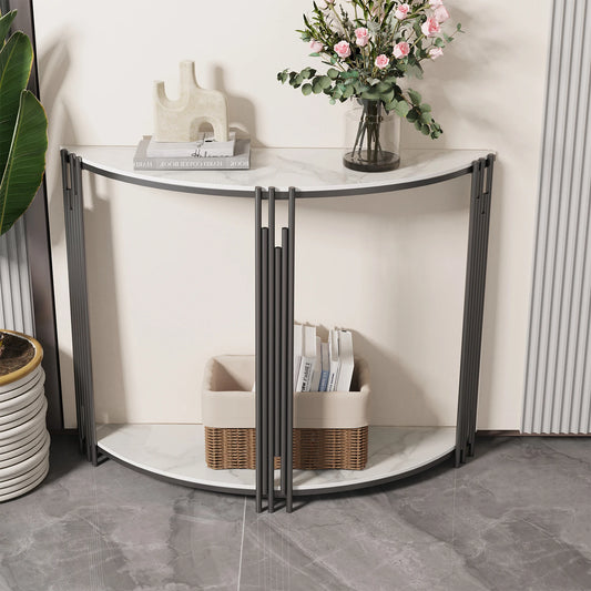 39.4W x 11.8D X 30.7H inch inch Half Moon Tiered Real Marble Entry Console Table Hallway Entryway Furniture for Entrance, Home Living Room