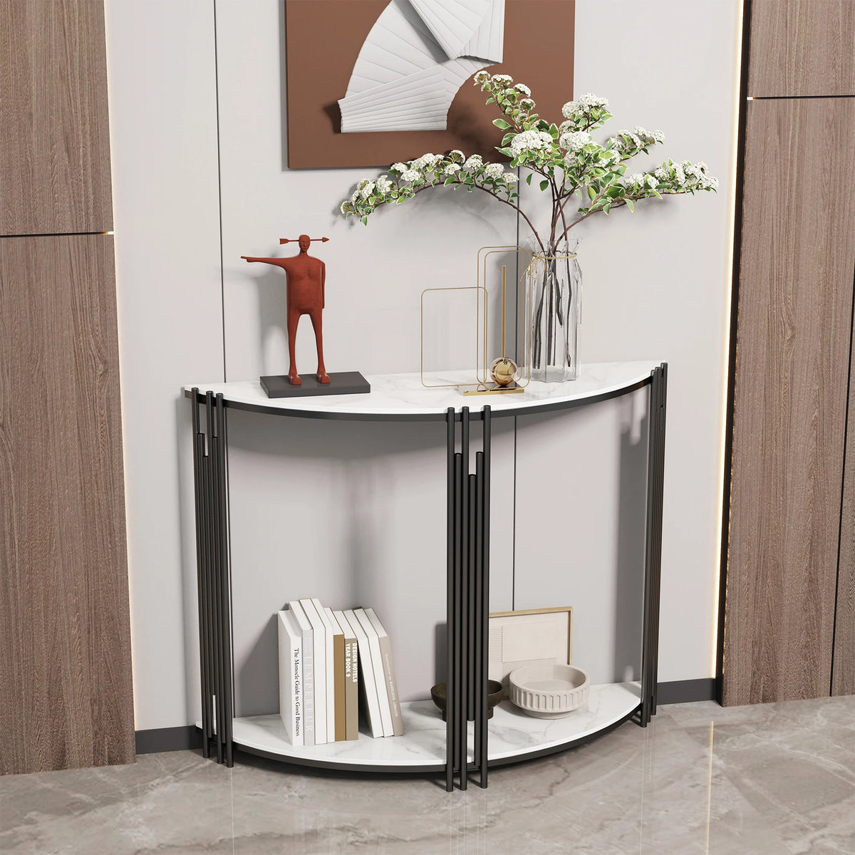 39.4W x 11.8D X 30.7H inch inch Half Moon Tiered Real Marble Entry Console Table Hallway Entryway Furniture for Entrance, Home Living Room