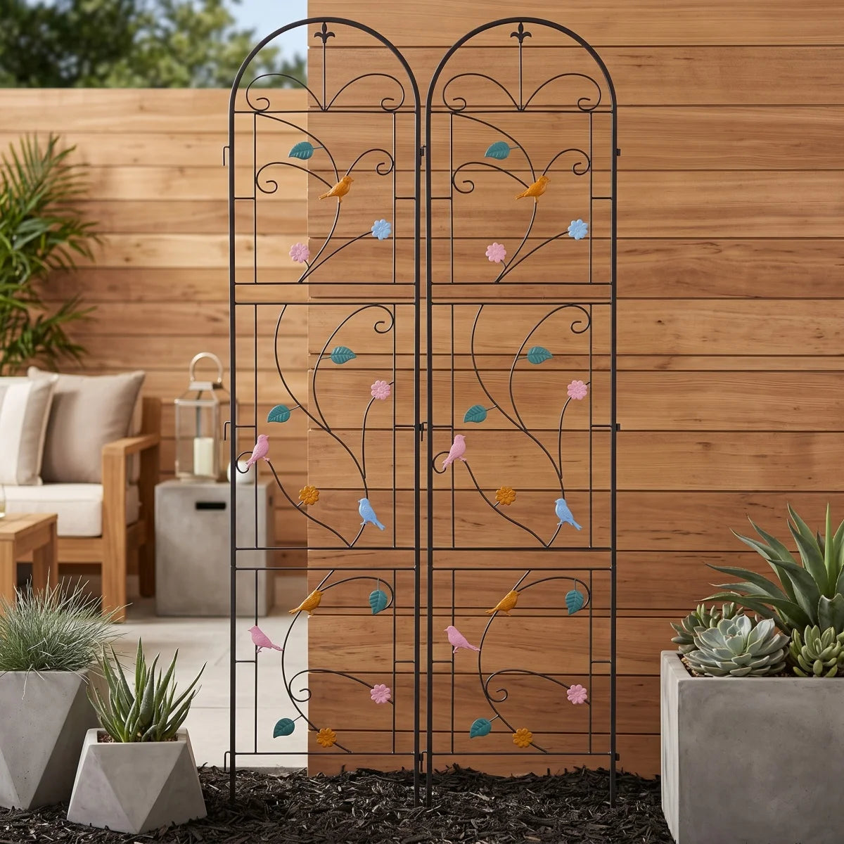 Metal Garden Trellis 2 Pack Tall Metal Garden Trellis Support Trellis Fence Decorated with Vibrant Birds Flowers for Climbing Plants, Landscaping Trellis for Outdoor Patio