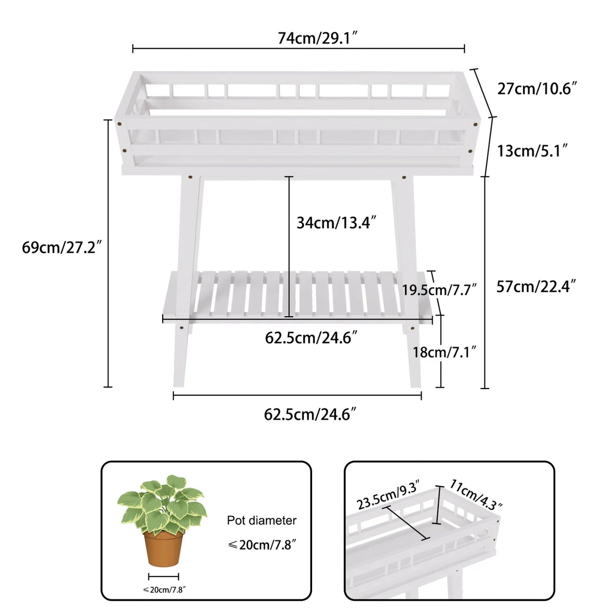 2 Tier Bamboo Plant Stand Garden Plant Shelf Flower Pot Holder for Balcony, Entryway Living Room, White