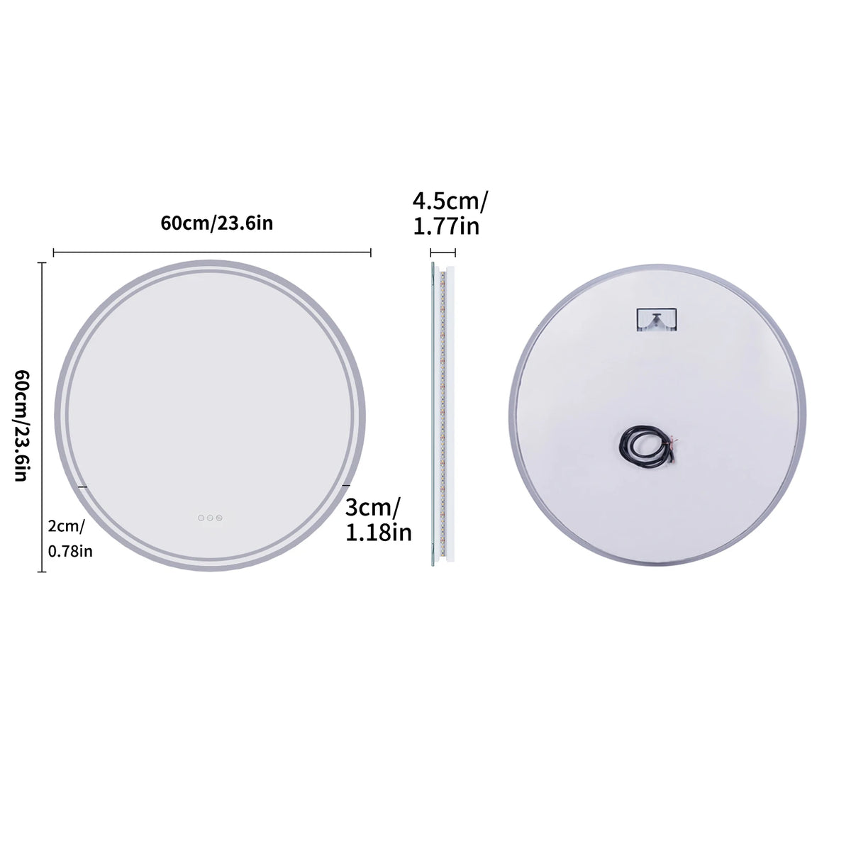 80cm Round Bathroom Mirror with Intelligent Illuminate Touch Screen Dimmable Anti-Fog LED Light for Bathroom