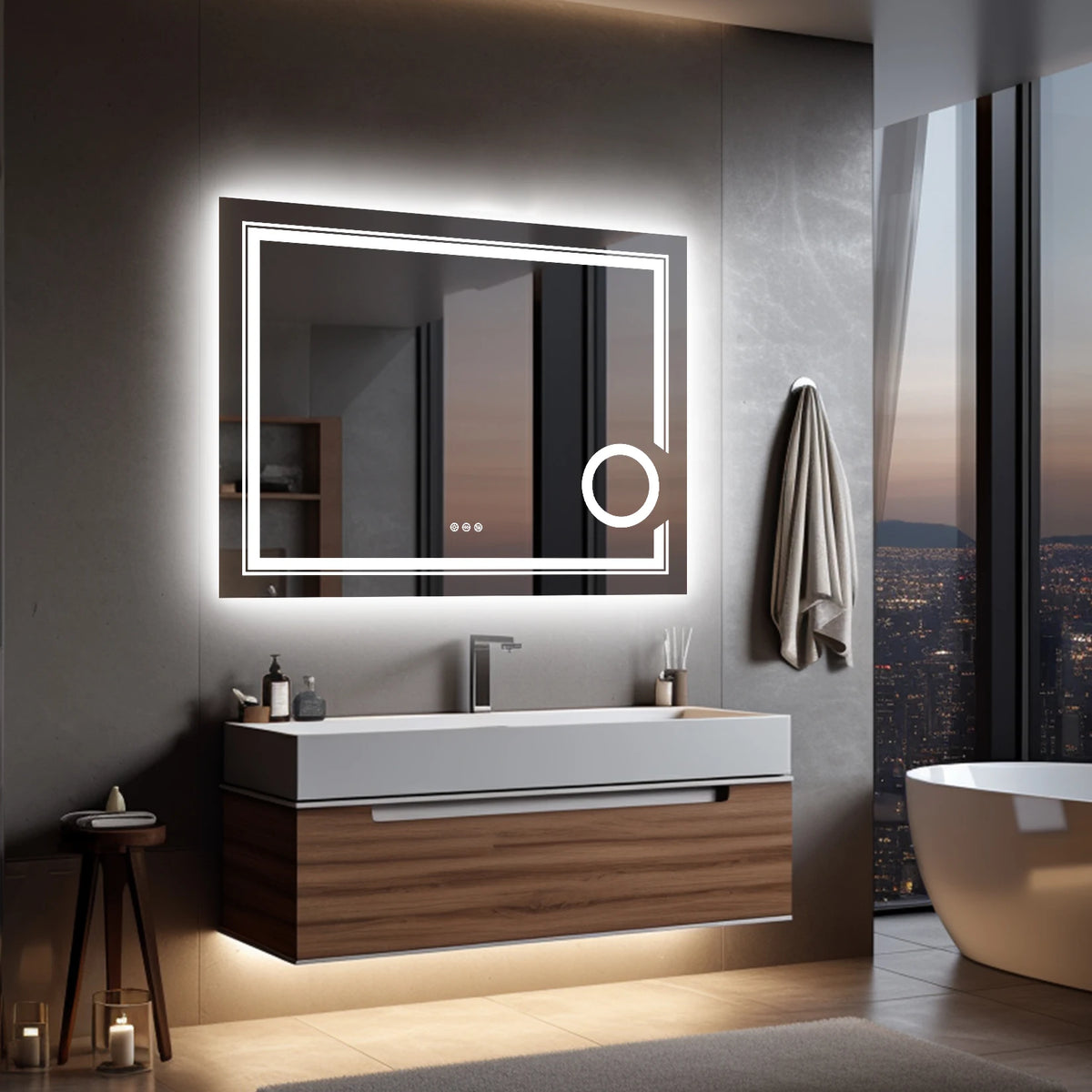 LED Lighted Smart Bathroom Mirror 3X Lighted Magnifier Wall Mounted White Light Front Backlit Dimmable Anti-Fog