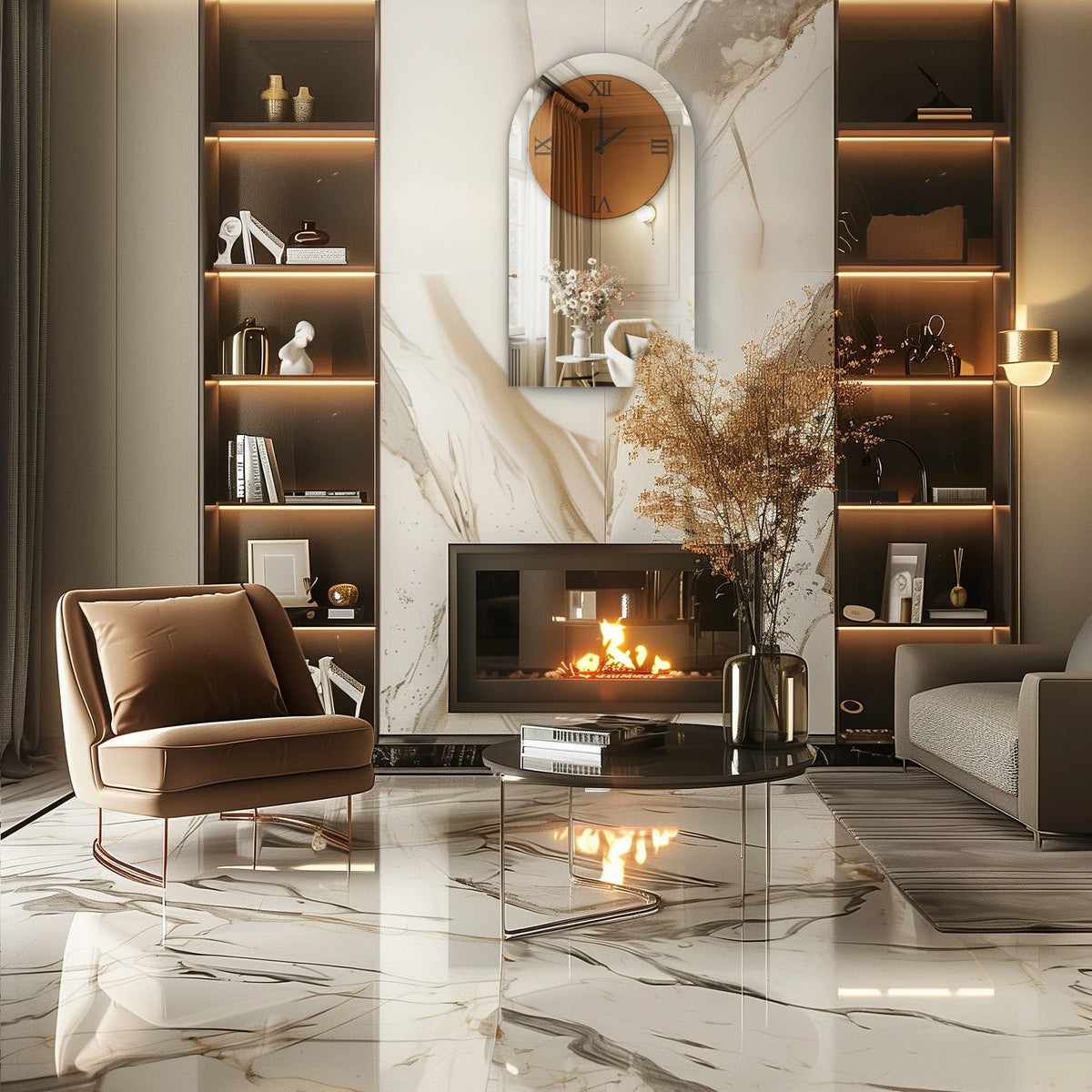 Wall Decorative Mirrors Arched Brown Tinted Glass Wall Mounted Clock for Home,Hotel,Living Room,Dining Room,Bedroom Walls