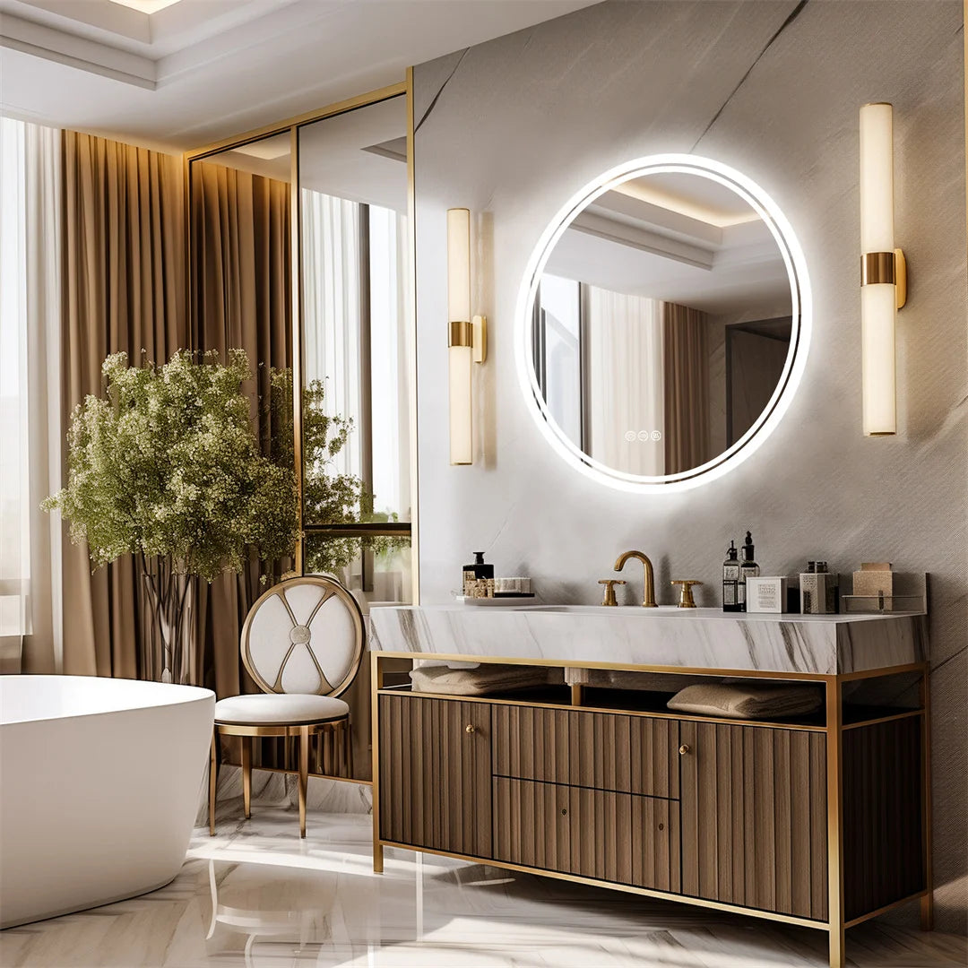 80cm Round Bathroom Mirror with Intelligent Illuminate Touch Screen Dimmable Anti-Fog LED Light for Bathroom