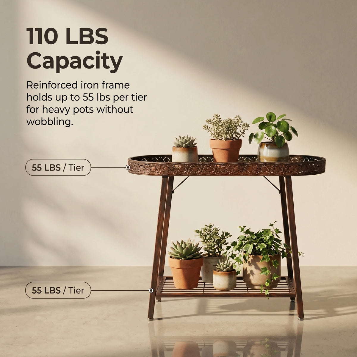 2-Tier Metal Plant Stand, 31.5 Inch Vintage Flower Pot Display Shelf with Distressed Bronze Finish and Adjustable Feet, 55 lbs per Tier, for Plant Lovers, Living Rooms and Covered Patios