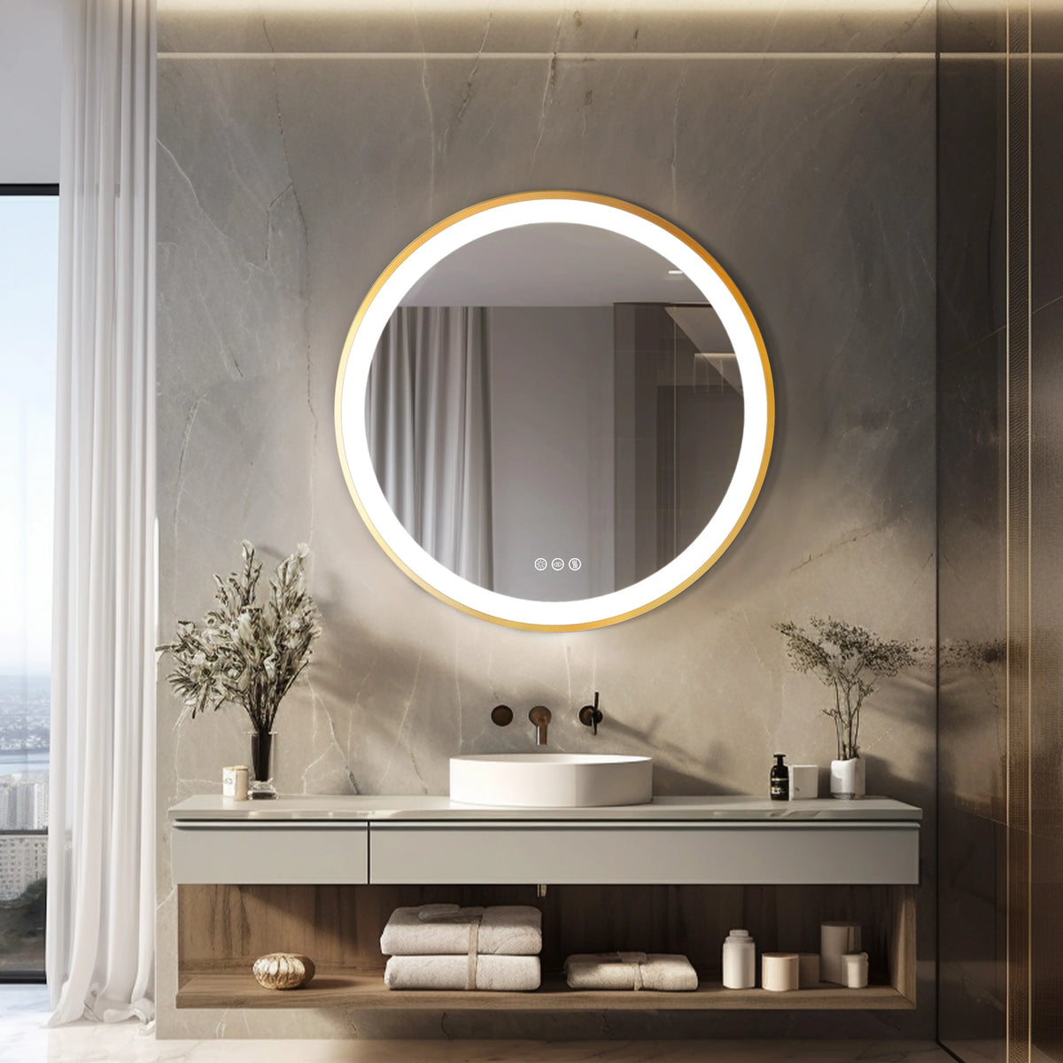 Gold Round Aluminum Frame Bathroom Mirror 24" Lighted Smart Touch Switch 3 Color Dimmable light Anti-Fog Makeup Mirror