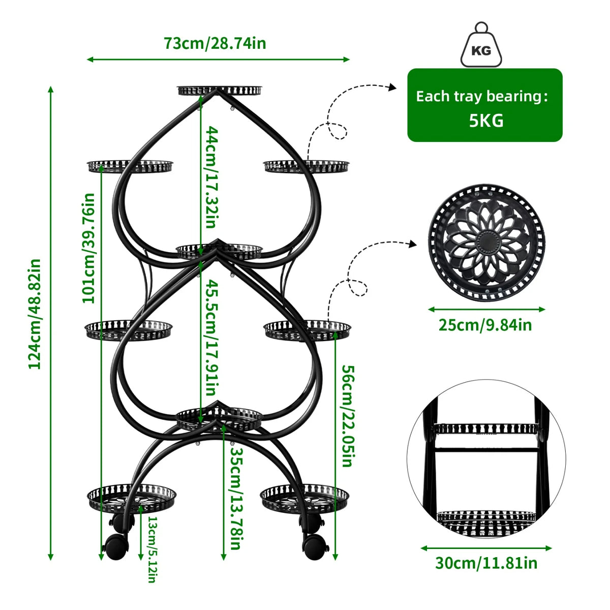 European 6 Tier Double-heart Plant Stand for In/Outdoor Black Iron Mobile Plants Display Holder for Living Room Balcony Garden