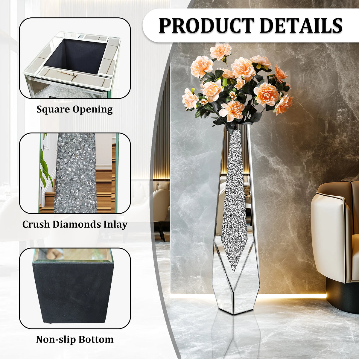 Tall Floor Mirror Vase, Large Crushed Diamond Glass Vase for Home Decor Modern Crystal Centerpiece for Living Room Wedding Hotel