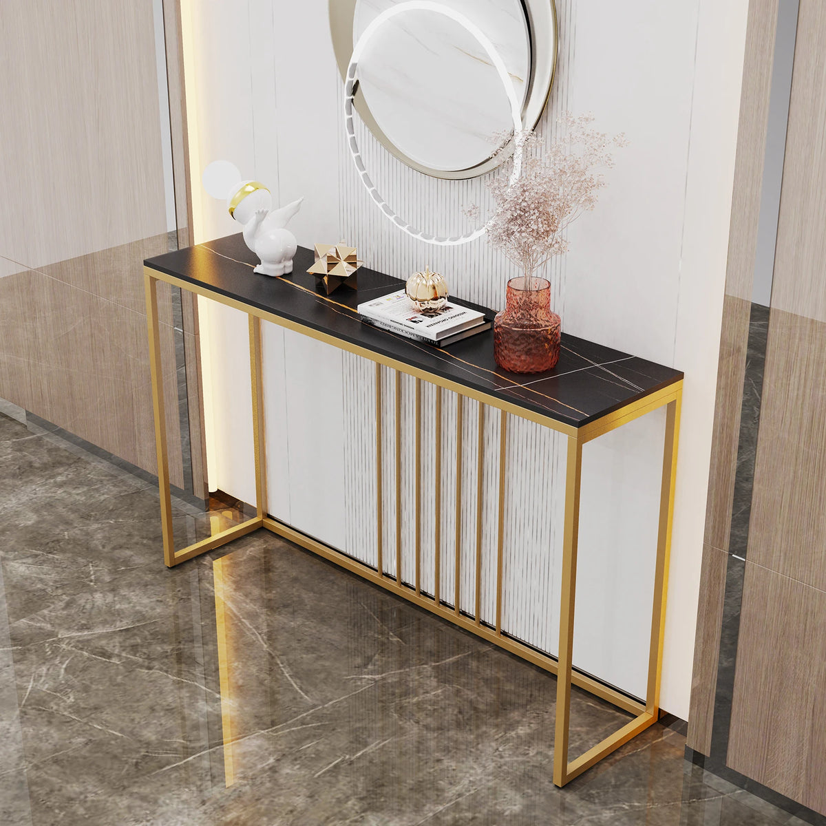 47.2 Inch Long Console Table for Foyer Modern Entryway Storage Table Sintered Stone Tabletop Gold Metal Legs