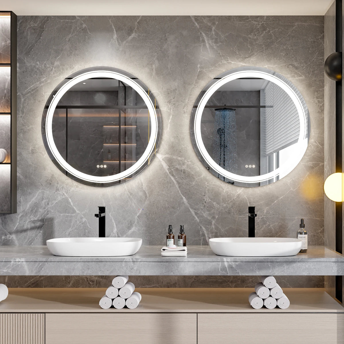 800mm LED Circle Wall Mounted Vanity Mirror with Demister Pad Smart Touch Sensor Memory Function Backlit Front Lighted 3 Colors