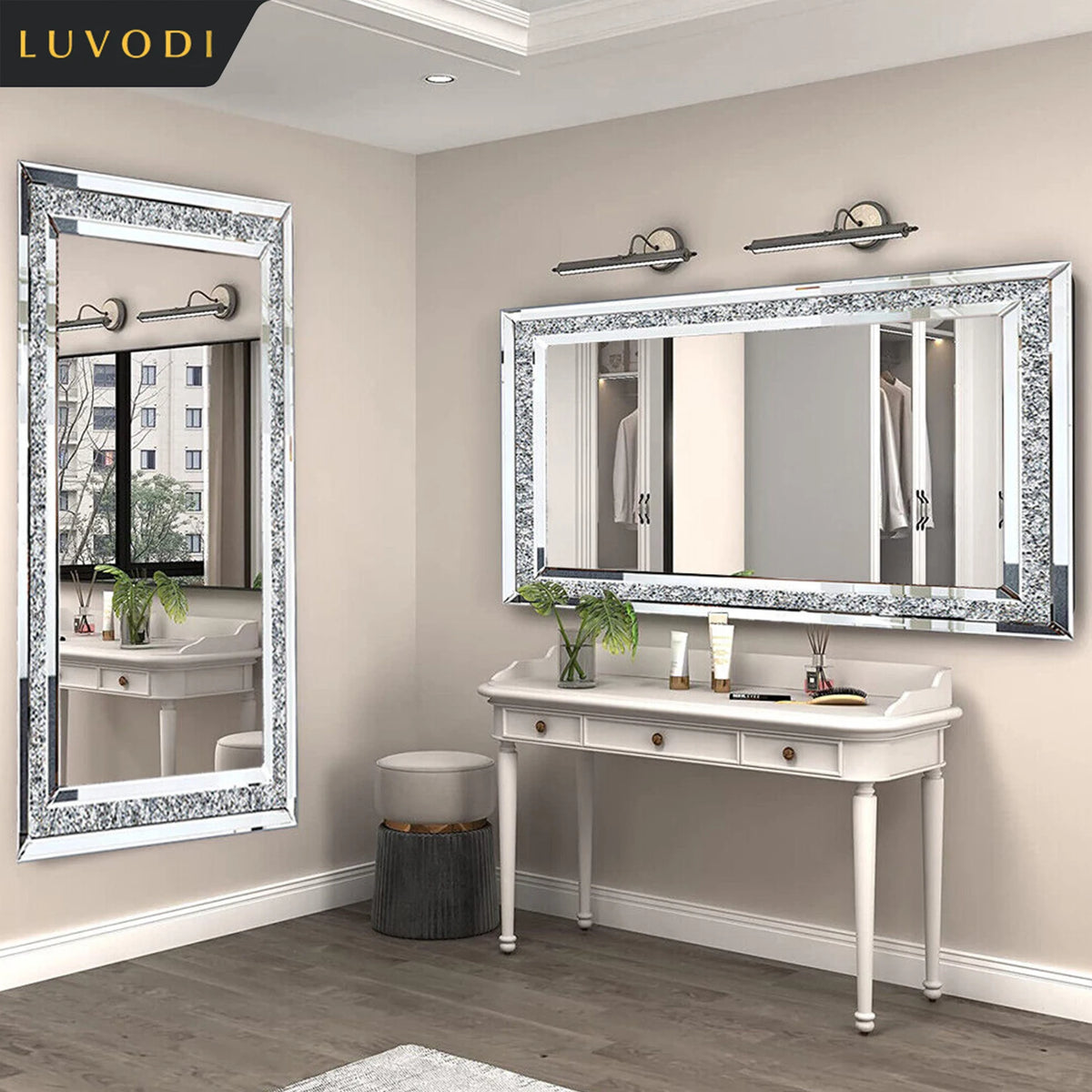Large Silver Sparkly Crystal Rhinestone Diamond Frameless Vanity Mirrors Wall Mounted Dressing Mirror for Home/Hotel