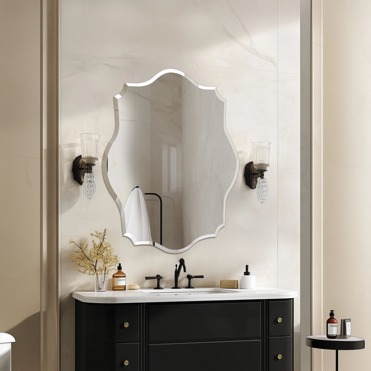 Wall Mirror Scalloped Frameless Beveled Edge Polished for Bathroom, Living Room, Vanity, Bedroom, Slive Mirror
