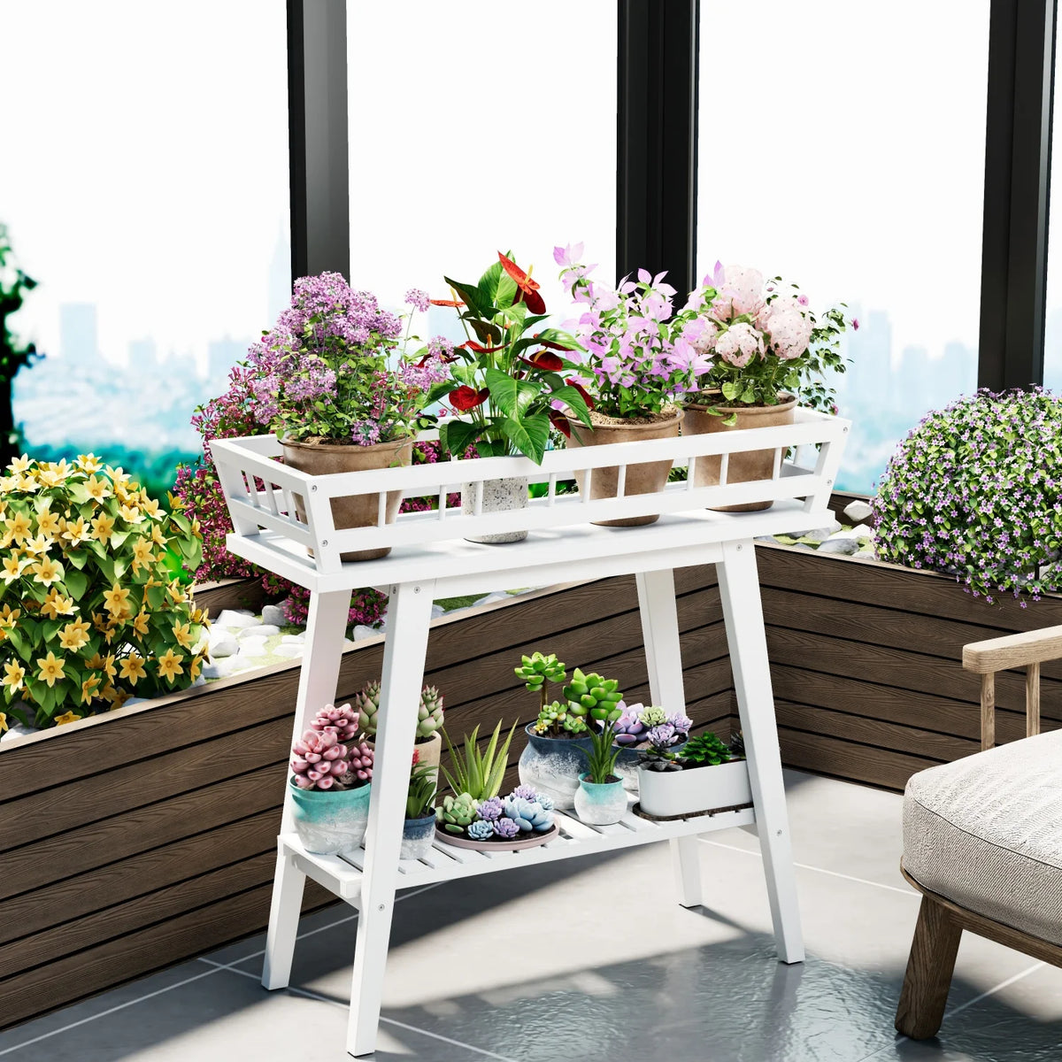 2 Tier Bamboo Plant Stand Garden Plant Shelf Flower Pot Holder for Balcony, Entryway Living Room, White