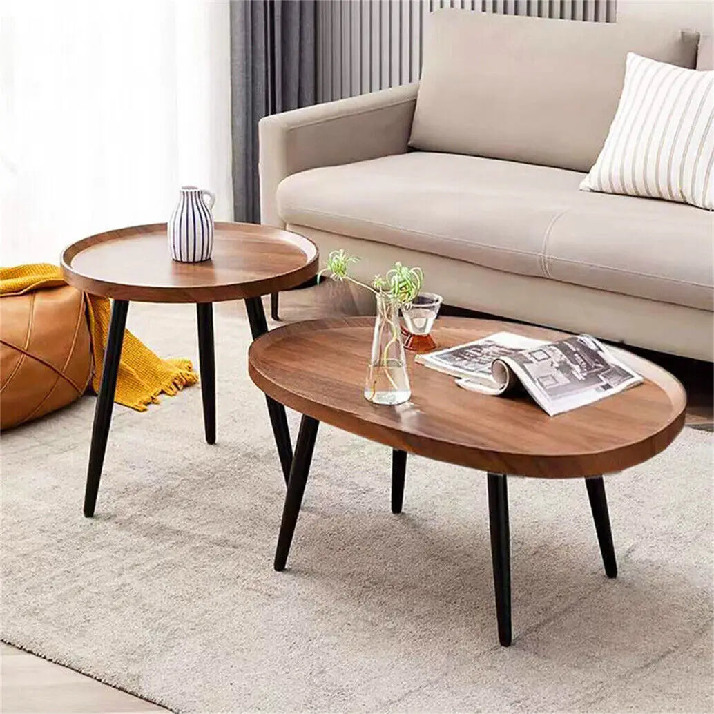 Irregular Drop-Shaped Coffee Table Set 2-in-1 Solid Wooden Sofa Side End Table with Triangle Legs for Living Room