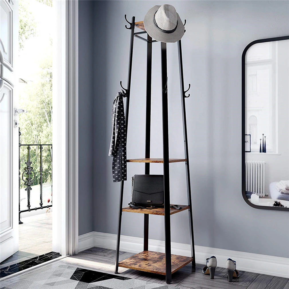 180CM Solid Iron Construction Coat Rack Holder Entryway Clothes Stand 4 Shelves Hall Trees 8 Hooks