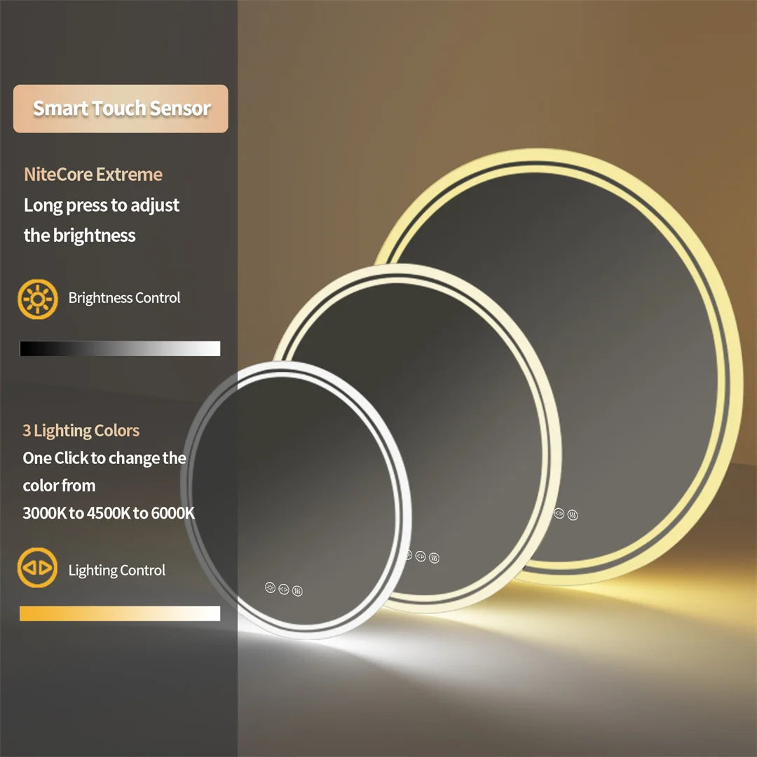 80cm Round Bathroom Mirror with Intelligent Illuminate Touch Screen Dimmable Anti-Fog LED Light for Bathroom