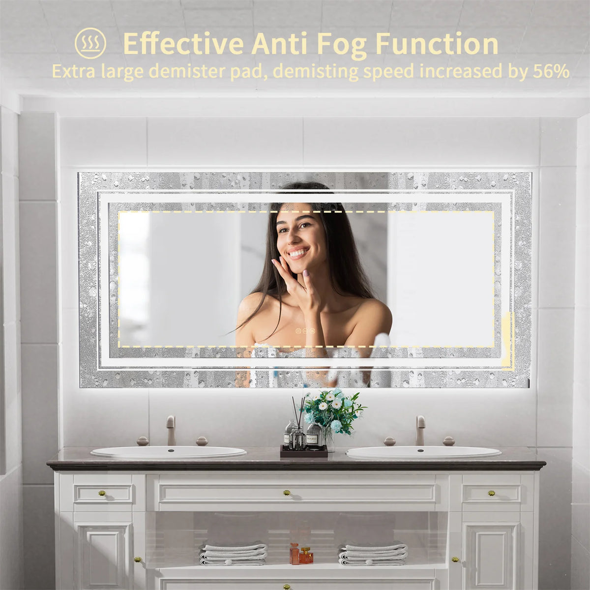 63" x 32" Extra Large LED Light Backlit Bathroom Mirror Dual Lights Makeup Anti-Fog Memory 3 Colors Dimmable With Touch Button