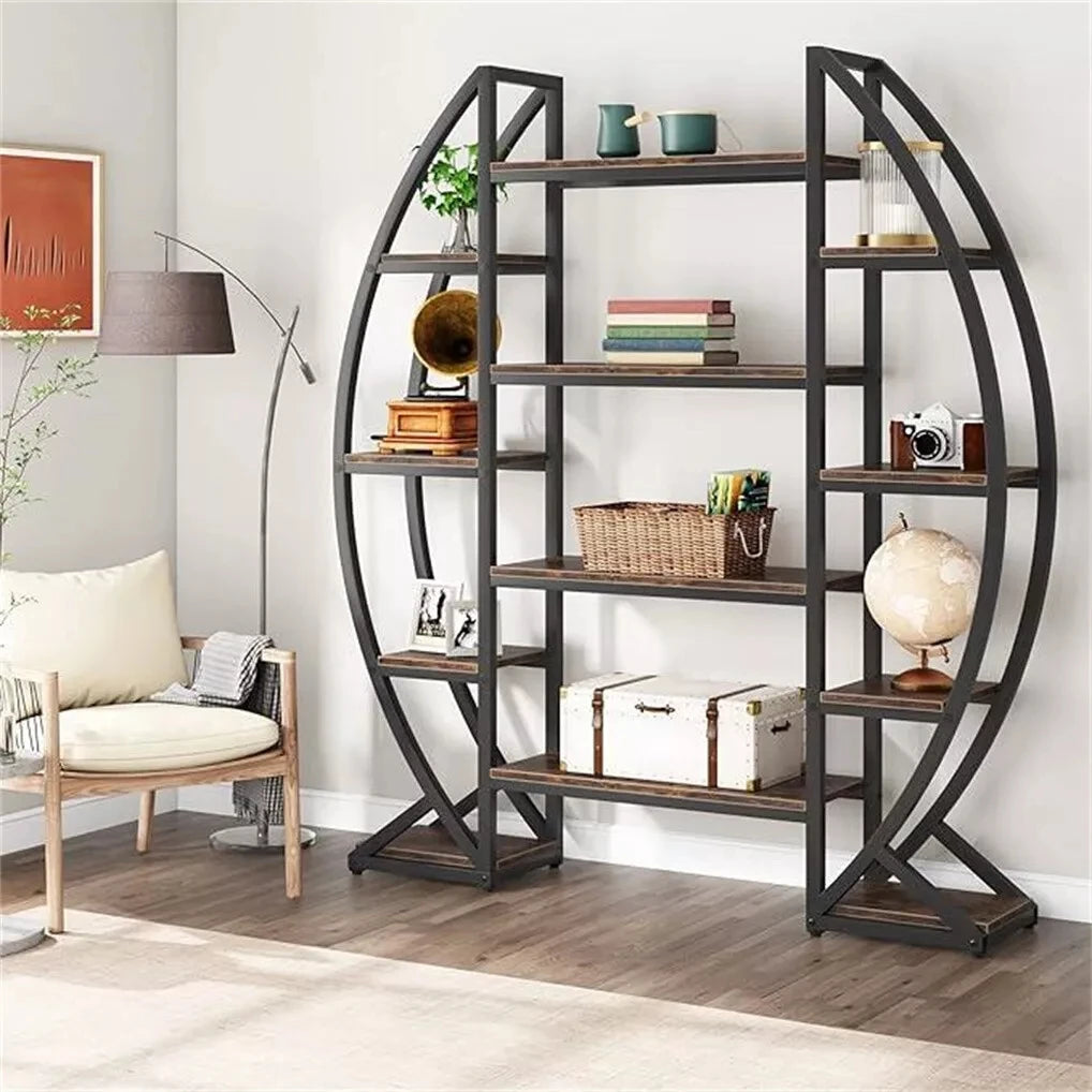 Oval Bookshelf, Plant Stand 5 Tier Etagere Bookcase, Half-Moon Shaped Industrial Display Shelves for Living Room