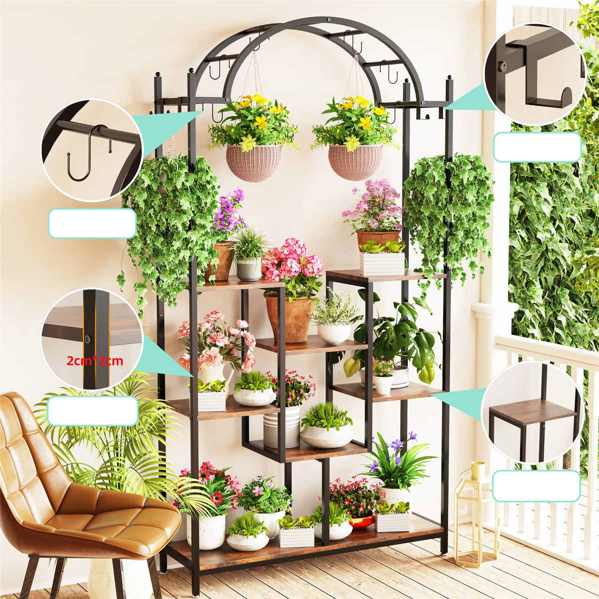 39.37Wx11.81Dx74.8H inch 5-Tier Tall Indoor Plant Stand, 74.8'' Arched Metal Flower Shelf with Hanging Hooks, Large Bonsai Pots Display Rack for Garden