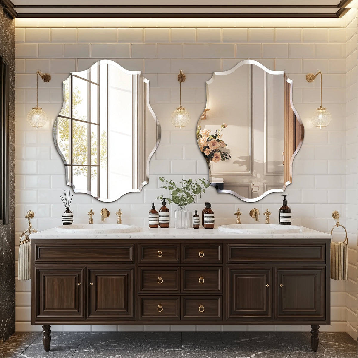 Wall Mirror Scalloped Frameless Beveled Edge Polished for Bathroom, Living Room, Vanity, Bedroom, Slive Mirror