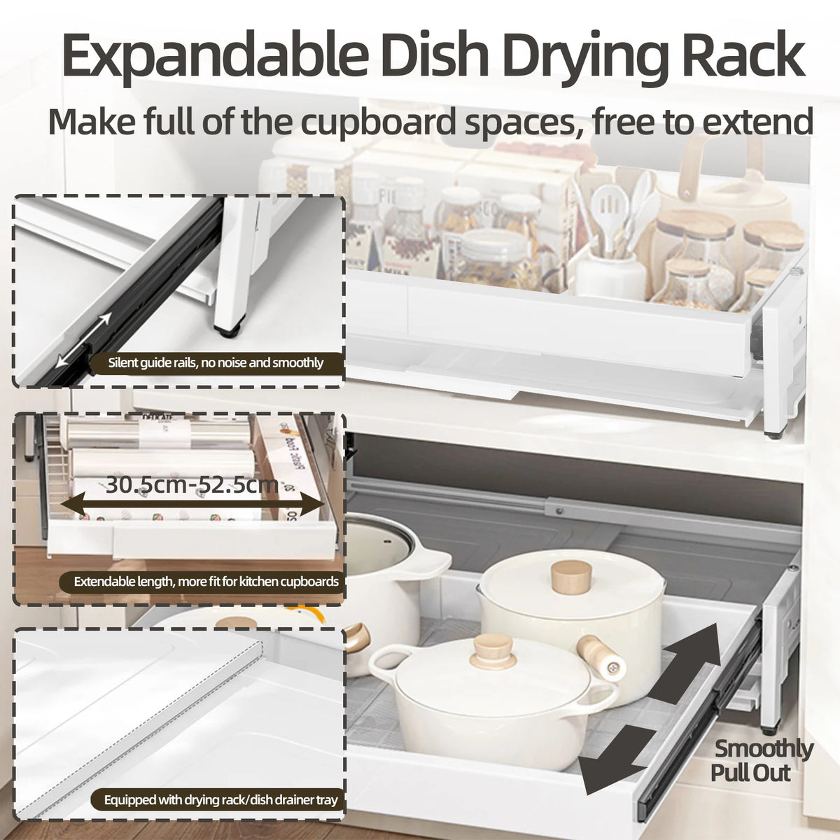 Telescopic Sliding Dish Rack Height-adjustable Kitchen White Adjustable Height Extendable Telescopic Drip Tray 35.7x42x23cm
