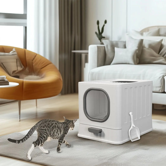 XL Cat Litter Box with Lid Enclosed Cat Potty Top Entry Anti-Splashing Cat Toilet Easy to Clean with Cat Litter Scoop