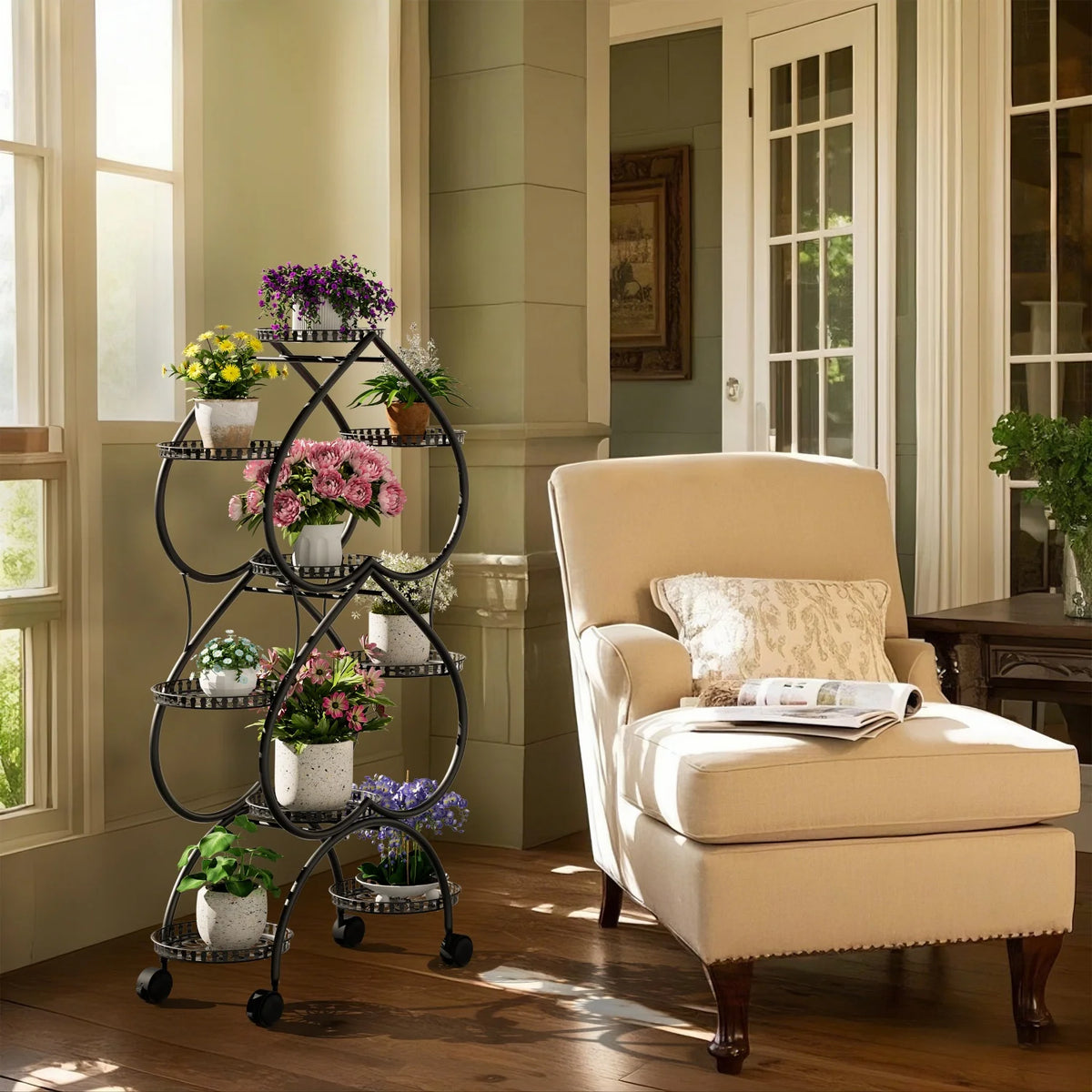 European 6 Tier Double-heart Plant Stand for In/Outdoor Black Iron Mobile Plants Display Holder for Living Room Balcony Garden