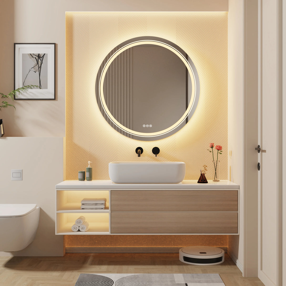 900mm LED Round Dimmable 3 Colors Smart Touch Anti-Fog Mirror with Memory Function Backlit Front Large Wall Mounted LED Mirrors