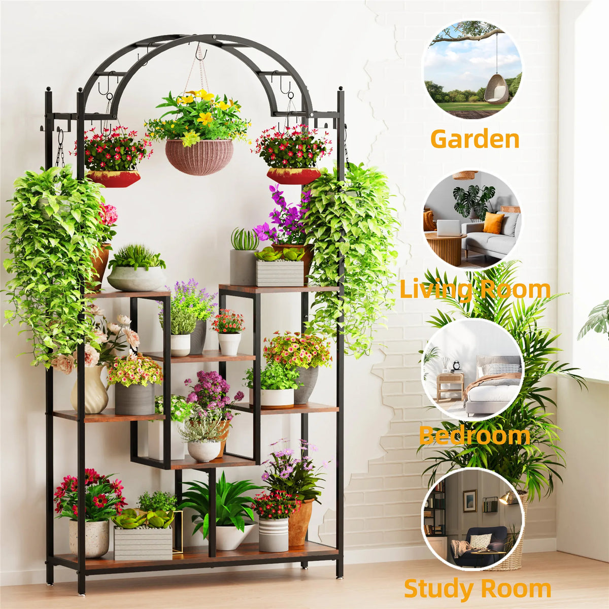39.37Wx11.81Dx74.8H inch 5-Tier Tall Indoor Plant Stand, 74.8'' Arched Metal Flower Shelf with Hanging Hooks, Large Bonsai Pots Display Rack for Garden