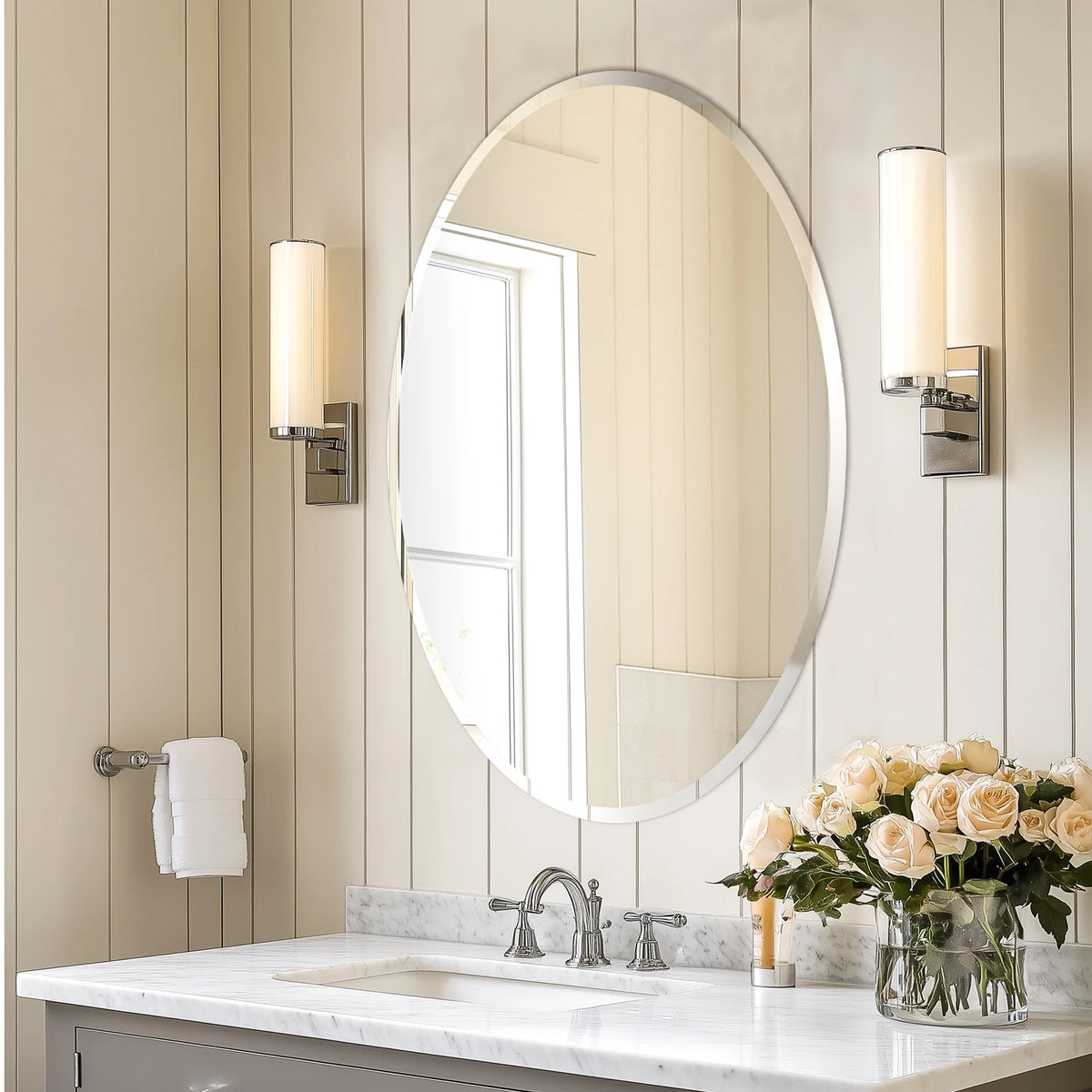 Frameless Oval Wall Mirror Silver Beveled Edge Bathroom Vanity Mirror for Modern Home Decor, Fireplaces