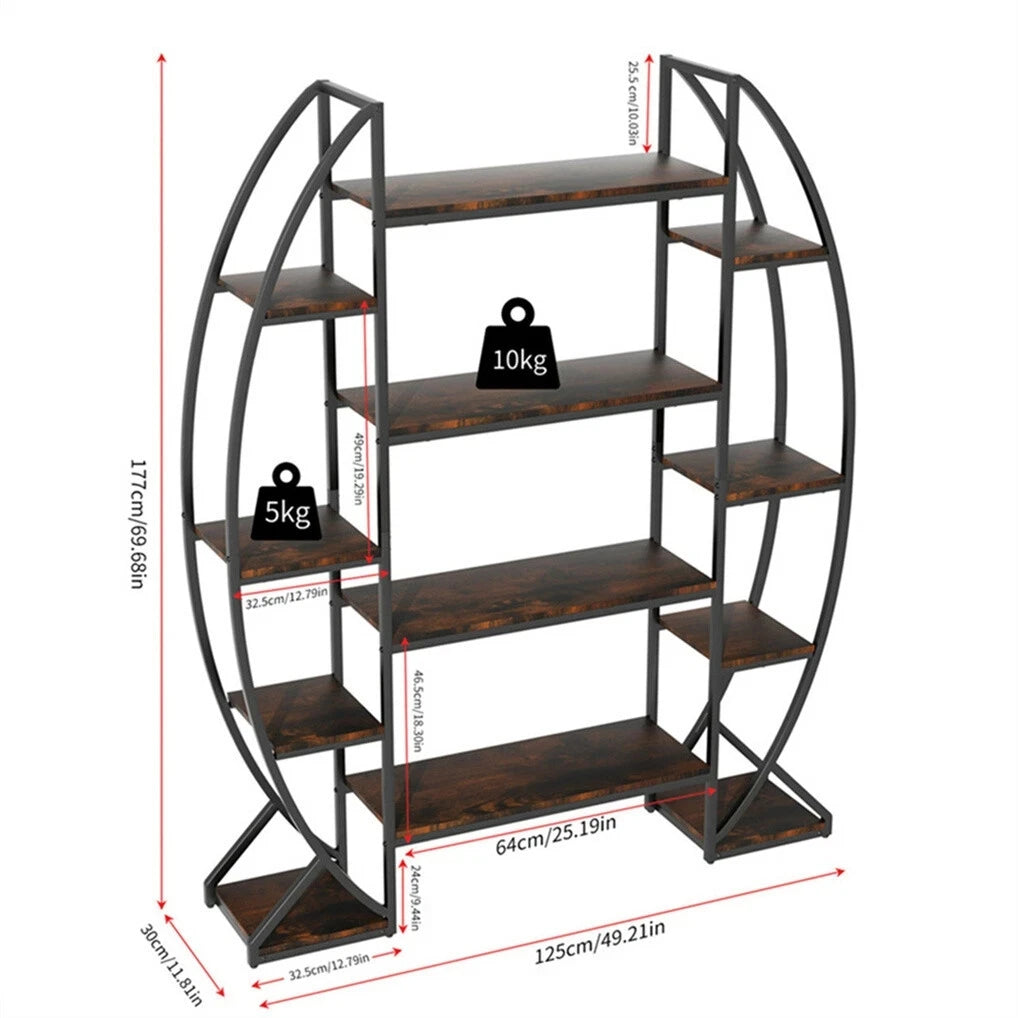 Oval Bookshelf, Plant Stand 5 Tier Etagere Bookcase, Half-Moon Shaped Industrial Display Shelves for Living Room