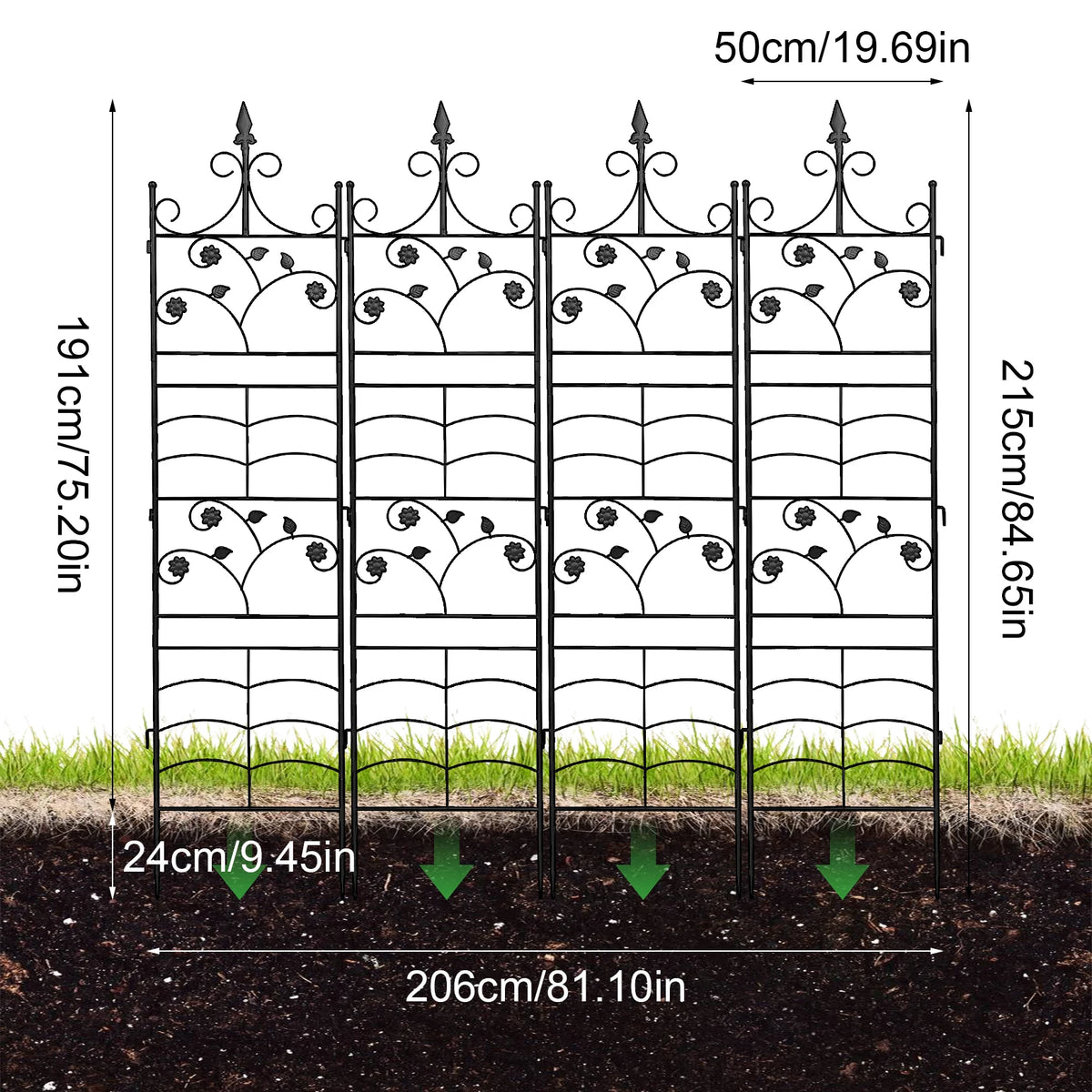 4-Pack Metal Garden Trellis for Climbing Plants, 84.6" Tall Black Iron Plant Support Panels with Decorative Scrollwork and Ground Stakes for Roses, Clematis and Vines