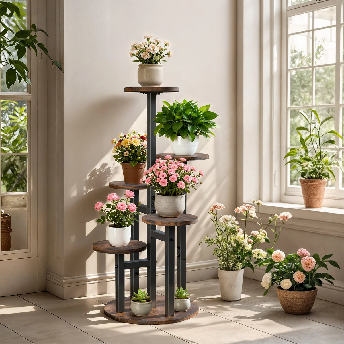 5-Tier Vertical Plant Stand, Space-Saving Flower Pot Display Shelf with Staggered Round Wood-Effect Shelves and Black Metal Frame