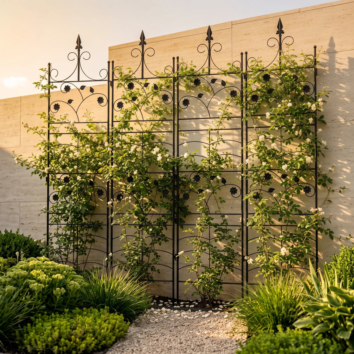 4-Pack Metal Garden Trellis for Climbing Plants, 84.6" Tall Black Iron Plant Support Panels with Decorative Scrollwork and Ground Stakes for Roses, Clematis and Vines