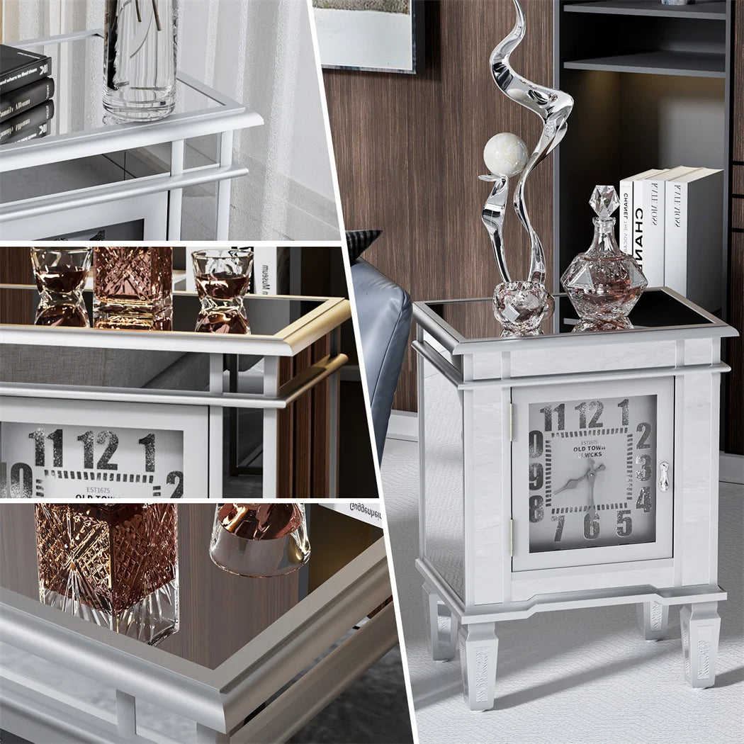 Mirrored End Table with Clock, Modern Sofa Side Table with Storage Door, Nightstand for Bedroom, Living Room and Home Decor