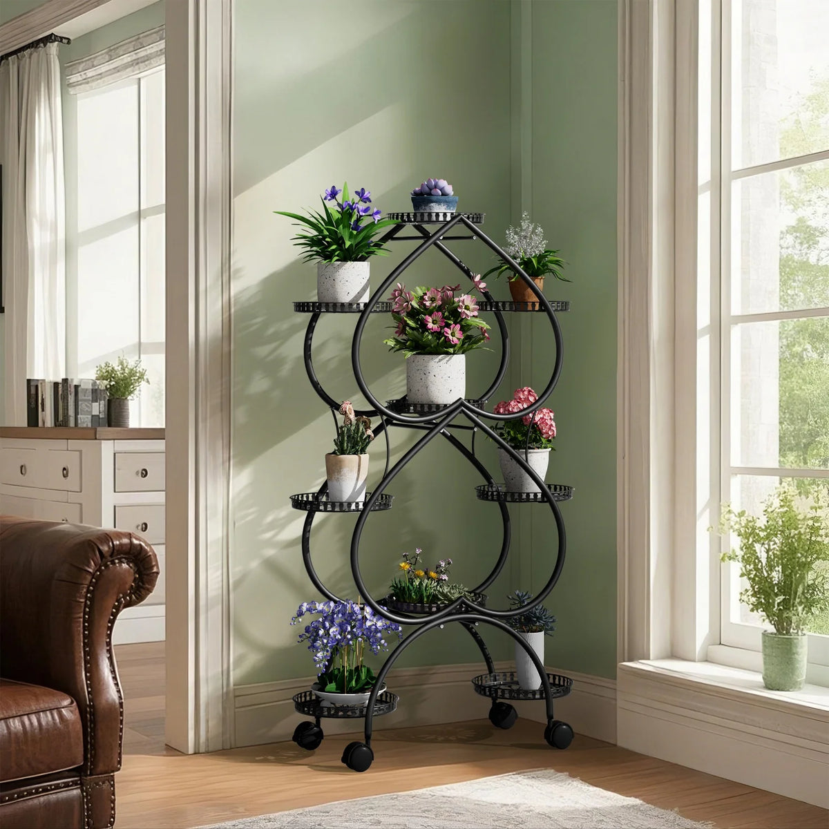European 6 Tier Double-heart Plant Stand for In/Outdoor Black Iron Mobile Plants Display Holder for Living Room Balcony Garden