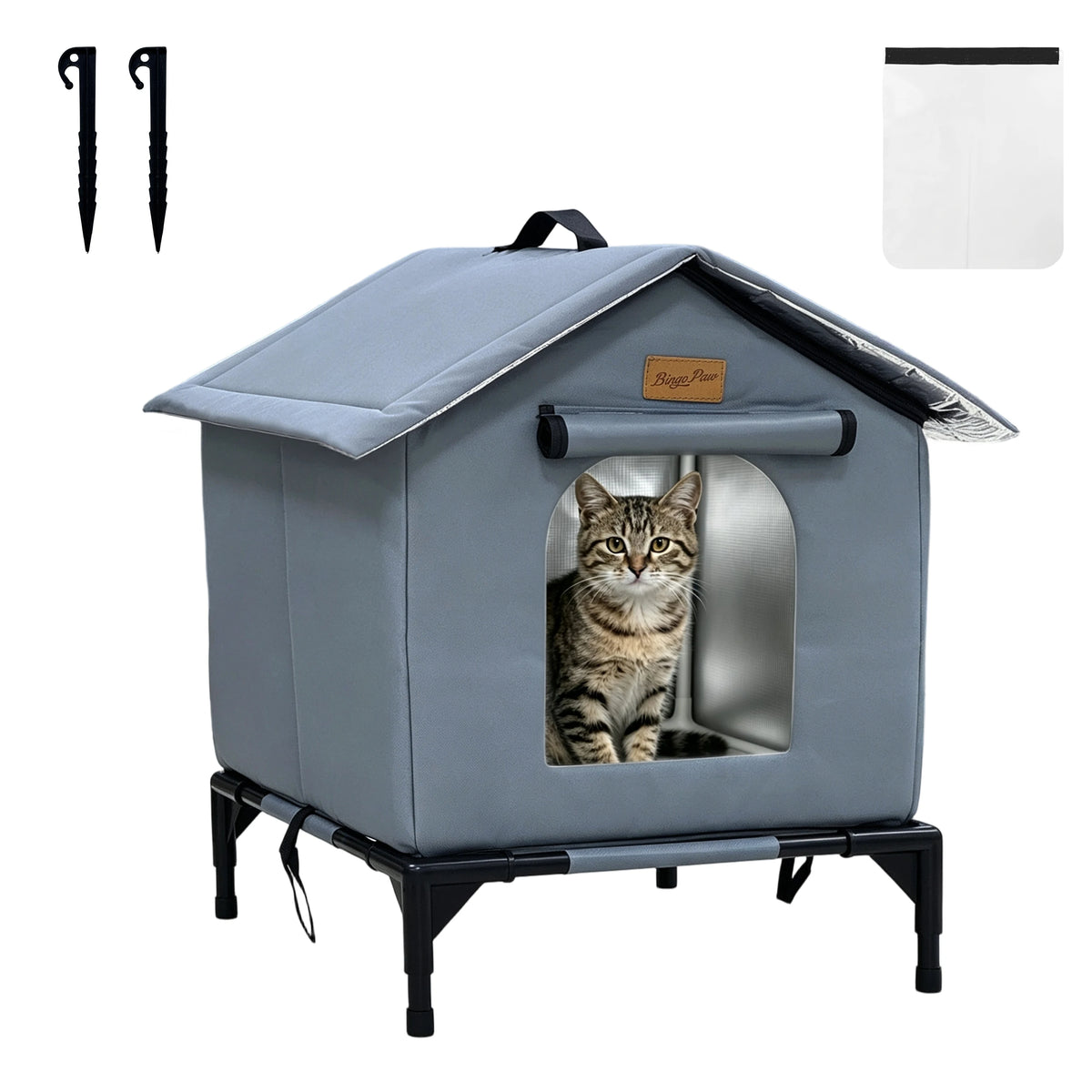 Elevated Outdoor Cat House Weatherproof, Insulated Feral Cat Shelter for Outside Winter with 3-Layer Aluminum Foil Thermal Liner, 600D Waterproof Oxford Pet Tent Bed with Legs & Ground Stakes for Stray Cats (45x42x55