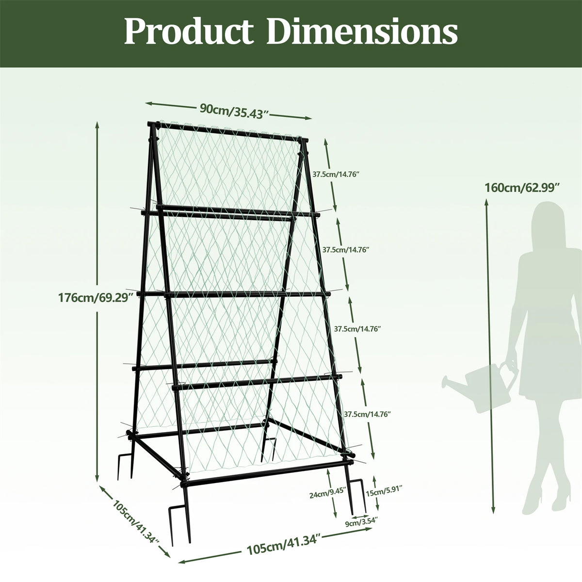 Metal A-Shaped Garden Arch Trellis for Climbing Plants Vegetable Cucumber Support Frame with Nylon Netting, Four Ground Spikes