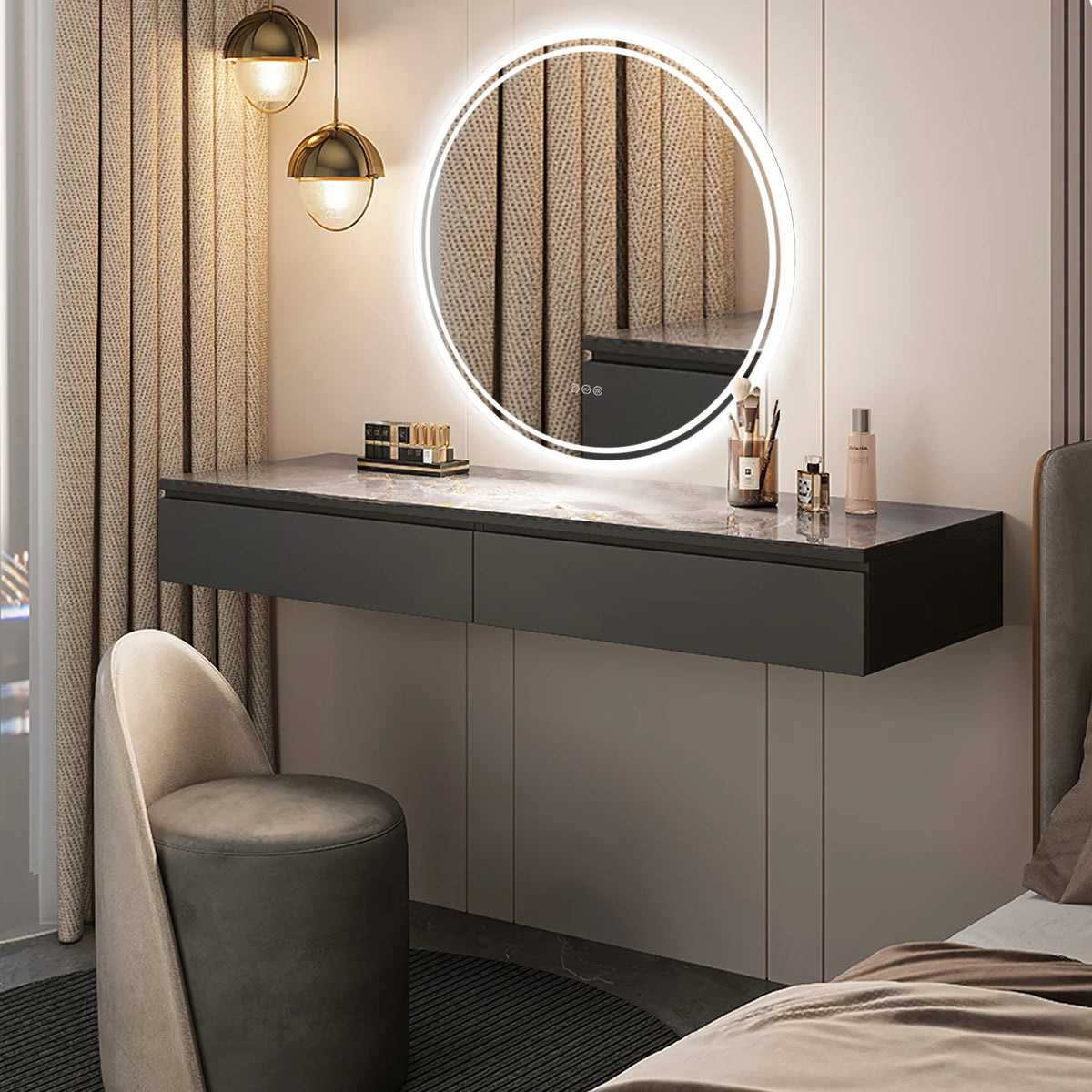 80cm Round Bathroom Mirror with Intelligent Illuminate Touch Screen Dimmable Anti-Fog LED Light for Bathroom