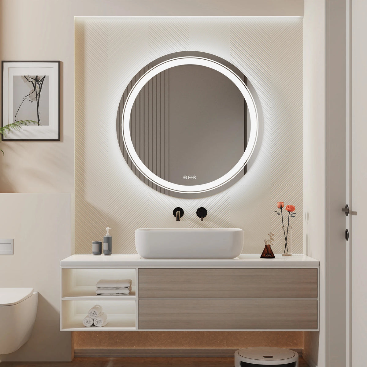 900mm LED Round Dimmable 3 Colors Smart Touch Anti-Fog Mirror with Memory Function Backlit Front Large Wall Mounted LED Mirrors
